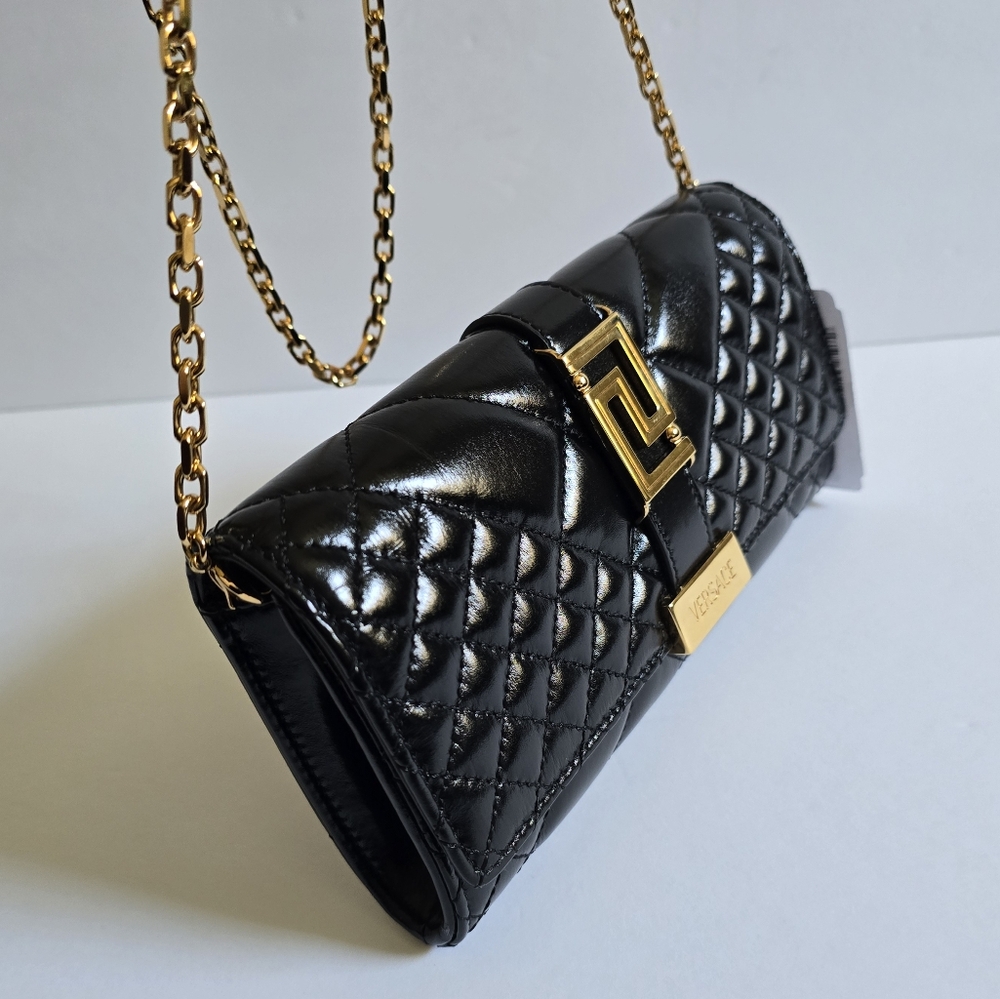 Versace Greca Goddess Mini Quilted Patent Leather Crossbody / Clutch Black - Picture 4 of 13